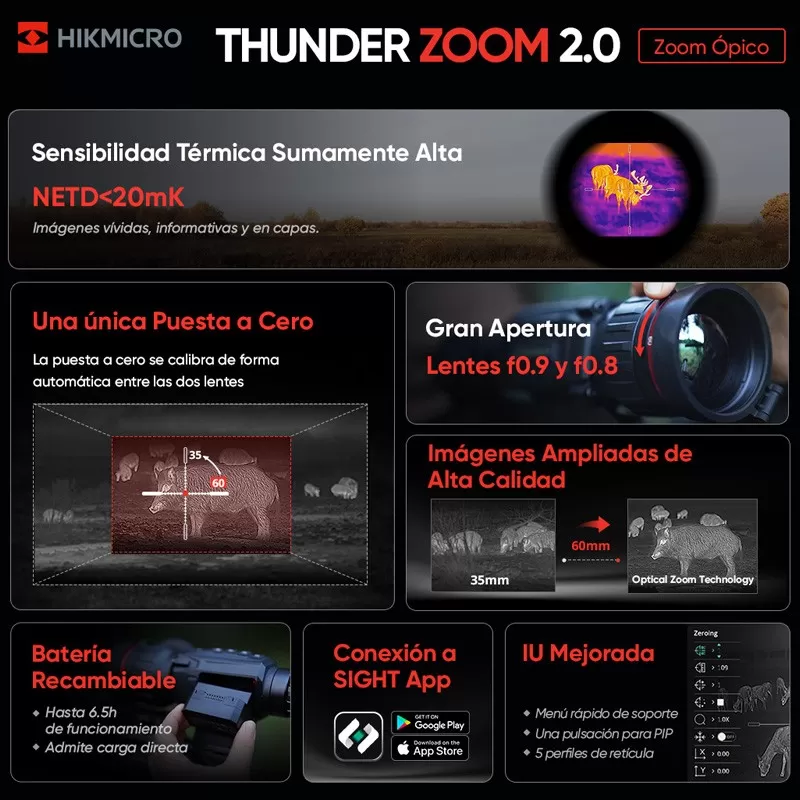 Visor HikMicro THUNDER 2.0 ZOOM TH50Z 384X288, 12 um. LÍQUIDO 20 mk. 50 mm 2600 mt.