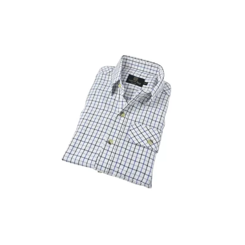 Camisa Oxford Azul Tattersall para Meninos Manga Longa Azul Camisa Oxford Azul Tattersall para Meninos Manga Longa Azul