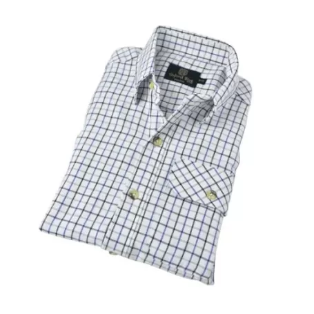 Camisa Oxford Azul Tattersall para Meninos Manga Longa Azul Camisa Oxford Azul Tattersall para Meninos Manga Longa Azul