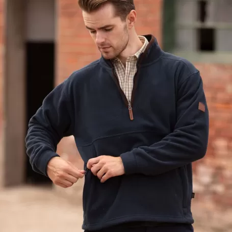 Suéter Oxford Azul Marinho com Meio Zíper e Fleece