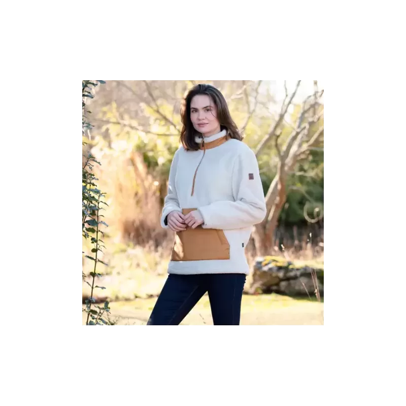 Suéter feminino de lã sherpa azul Oxford - bege Suéter feminino de lã sherpa azul Oxford - bege