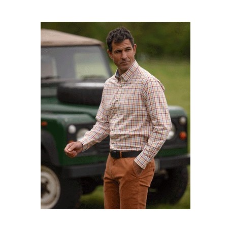 Camisa Oxford Azul Wick Check Manga P Vermelho/Laranja