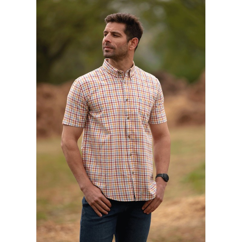 Camisa Oxford Manga Curta Azul Wick Check Vermelho/Laranja