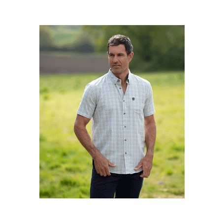 Camisa Oxford Azul Londres Manga Curta Tattersall Azul Marinho
