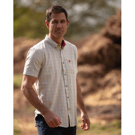 Camisa Oxford Azul Londres Manga Curta Tattersall Vermelho