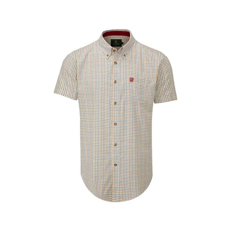 Camisa Oxford Azul Londres Manga Curta Tattersall Vermelho