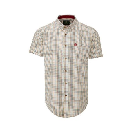 Camisa Oxford Azul Londres Manga Curta Tattersall Vermelho