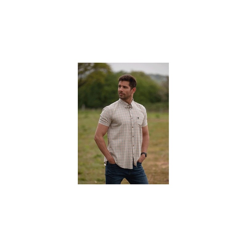 Camisa Oxford de Manga Curta Azul Xadrez Bern Laranja/Verde
