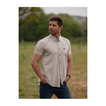Camisa Oxford de Manga Curta Azul Xadrez Bern Laranja/Verde