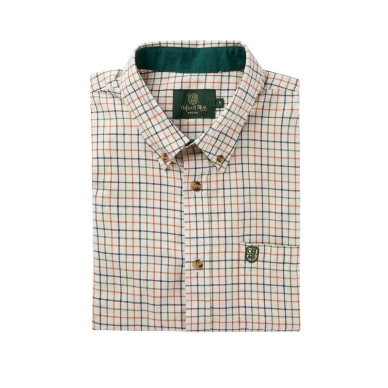 Camisa Oxford de Manga Curta Azul Xadrez Bern Laranja/Verde