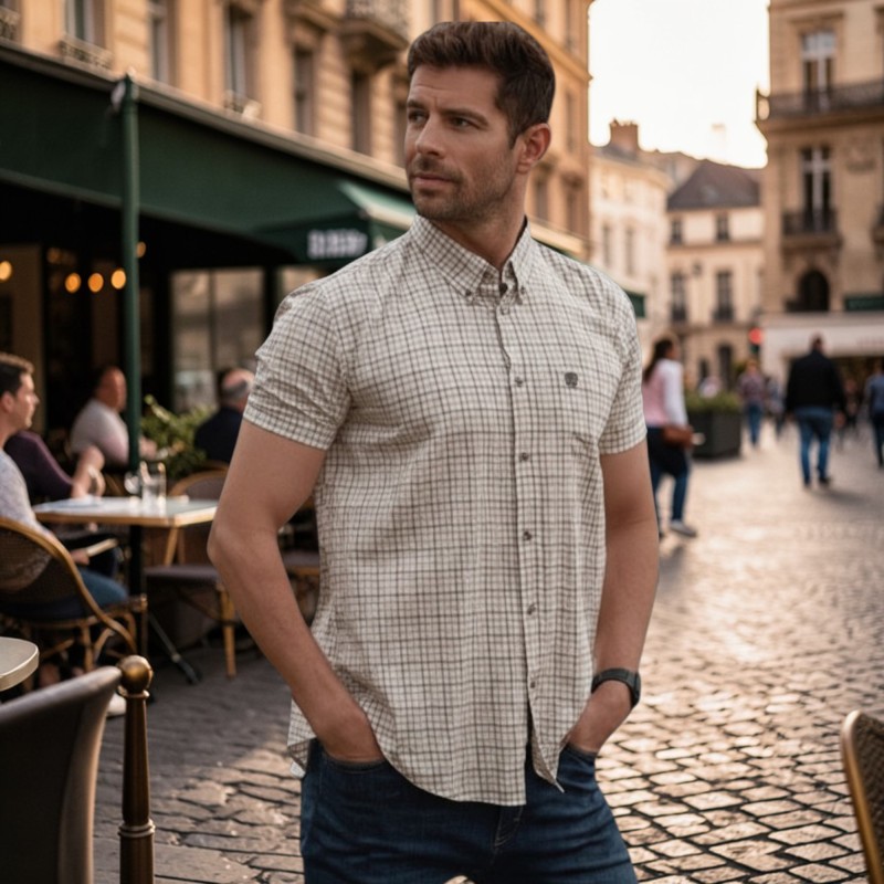 Camisa Manga Corta Oxford Blue Bern Check Orange/Green