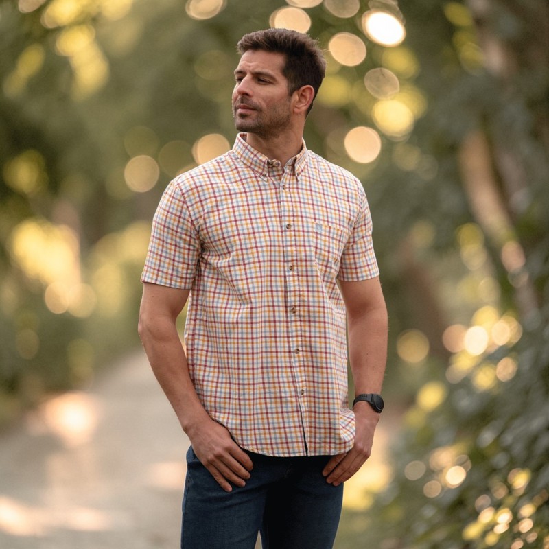 Camisa Manga Corta Oxford Blue Wick Check Red/Orange