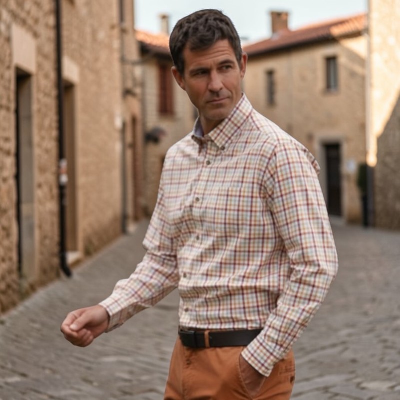 Camisa Oxford Blue Wick Check S/Sleeve Red/Orange