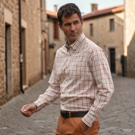 Camisa Oxford Blue Wick Check S/Sleeve Red/Orange